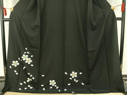 平和屋着物▽訪問着 単衣 舞桜文 黒地 ロング丈 正絹 逸品 AAAZ9525fy
