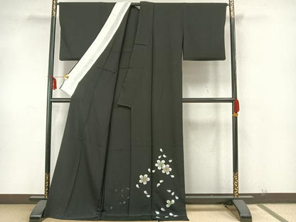 平和屋着物▽訪問着 単衣 舞桜文 黒地 ロング丈 正絹 逸品 AAAZ9525fy