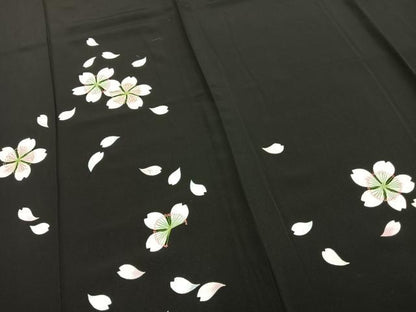 平和屋着物▽訪問着 単衣 舞桜文 黒地 ロング丈 正絹 逸品 AAAZ9525fy
