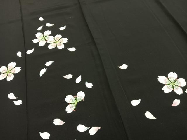 平和屋着物▽訪問着 単衣 舞桜文 黒地 ロング丈 正絹 逸品 AAAZ9525fy
