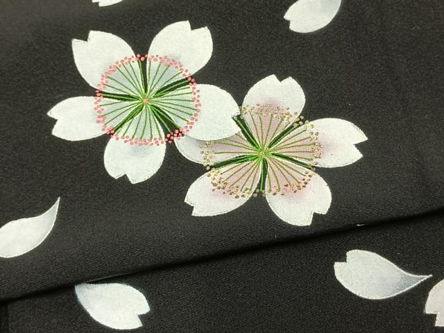 平和屋着物▽訪問着 単衣 舞桜文 黒地 ロング丈 正絹 逸品 AAAZ9525fy