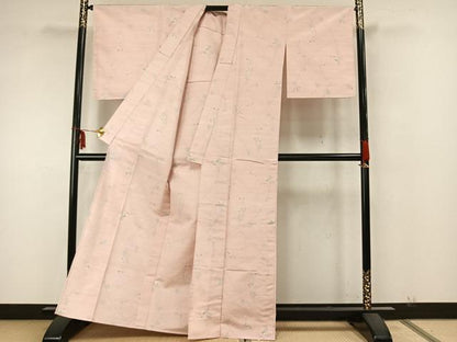 平和屋着物▽上質な紬 単衣 草花文 正絹 逸品 AAAZ9528fy