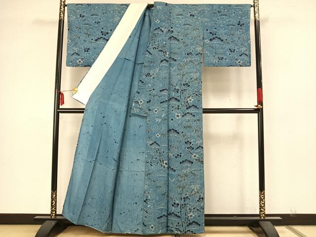 平和屋着物▽上質な紬 単衣 型染め 松竹梅 正絹 逸品 AAAZ9532fy