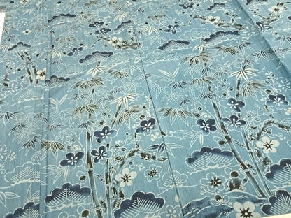 平和屋着物▽上質な紬 単衣 型染め 松竹梅 正絹 逸品 AAAZ9532fy