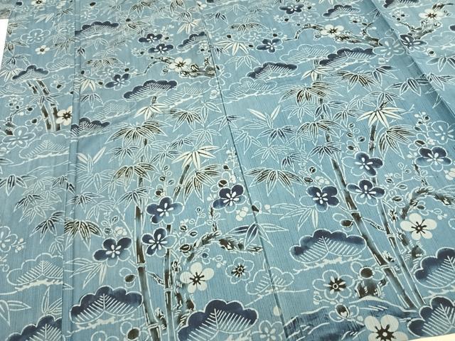 平和屋着物▽上質な紬 単衣 型染め 松竹梅 正絹 逸品 AAAZ9532fy