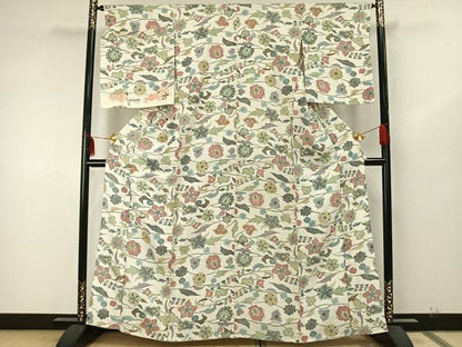 平和屋着物▽上質な小紋 単衣 草花文 反端付き 正絹 逸品 AAAZ9537fy