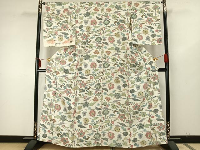 平和屋着物▽上質な小紋 単衣 草花文 反端付き 正絹 逸品 AAAZ9537fy