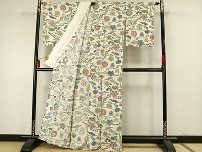 平和屋着物▽上質な小紋 単衣 草花文 反端付き 正絹 逸品 AAAZ9537fy