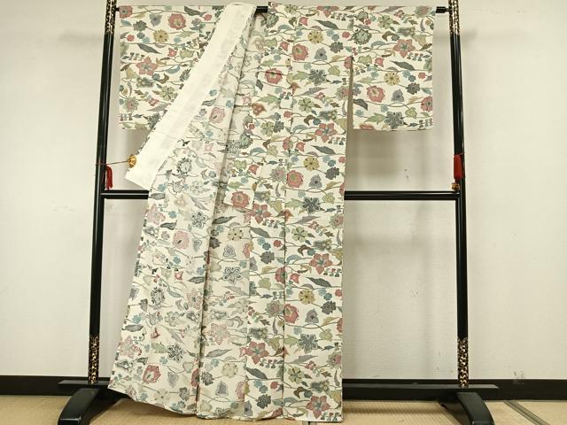 平和屋着物▽上質な小紋 単衣 草花文 反端付き 正絹 逸品 AAAZ9537fy