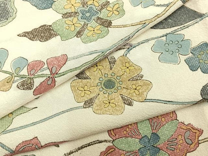平和屋着物▽上質な小紋 単衣 草花文 反端付き 正絹 逸品 AAAZ9537fy