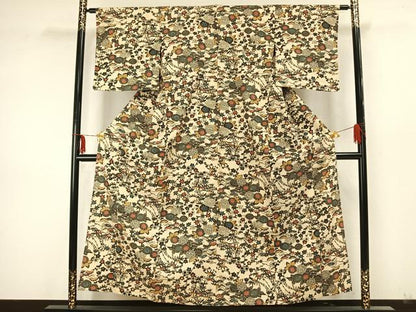 平和屋着物▽上質な小紋 単衣 型染め 草花文 綿 逸品 AAAZ9538fy
