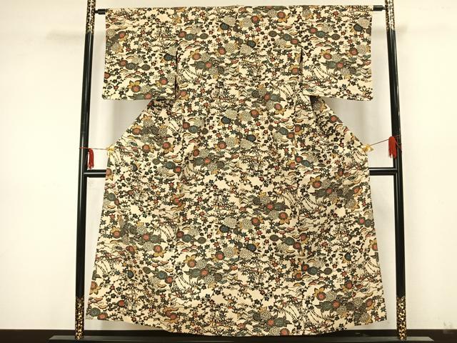 平和屋着物▽上質な小紋 単衣 型染め 草花文 綿 逸品 AAAZ9538fy