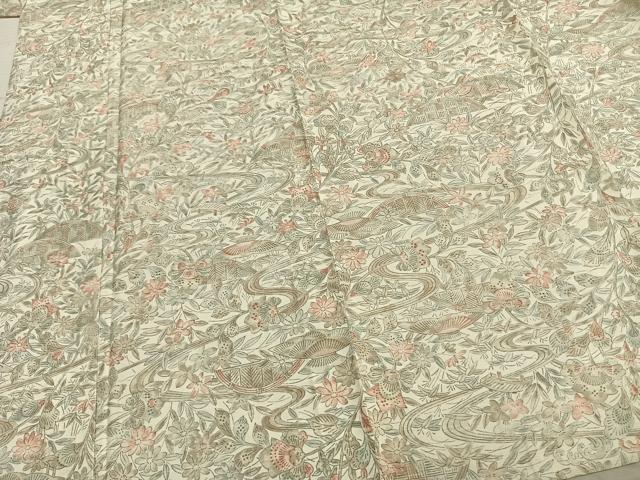 平和屋着物▽上質な紬 単衣 風景草花文 正絹 逸品 AAAZ9540fy