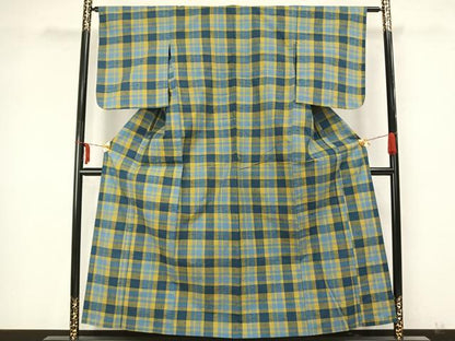 平和屋着物▽上質な紬 単衣 格子 正絹 逸品 AAAZ9541fy