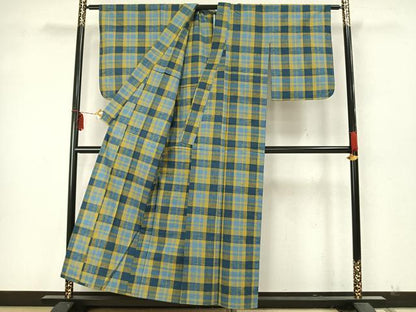 平和屋着物▽上質な紬 単衣 格子 正絹 逸品 AAAZ9541fy