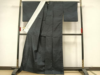 平和屋着物▽上質な紬　単衣　網目文　正絹　逸品　AAAZ9547fy