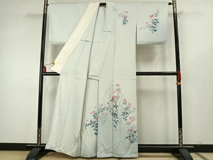 平和屋着物▽訪問着　単衣　草花文　正絹　逸品　AAAZ9553fy