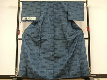 平和屋着物▽藍染生紬 単衣 結城結び織 横段文 反端付き 正絹 逸品 AAAZ9554fy
