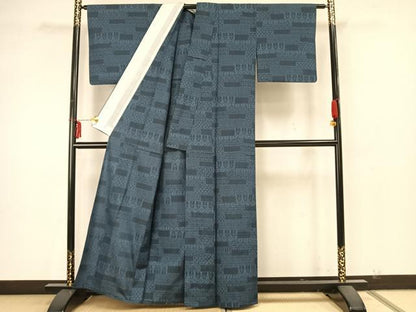 平和屋着物▽藍染生紬 単衣 結城結び織 横段文 反端付き 正絹 逸品 AAAZ9554fy