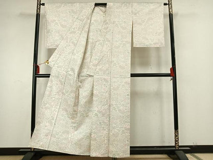 平和屋着物▽本場大島紬 単衣 白大島 扇面風景花文 正絹 逸品 AAAZ9557fy