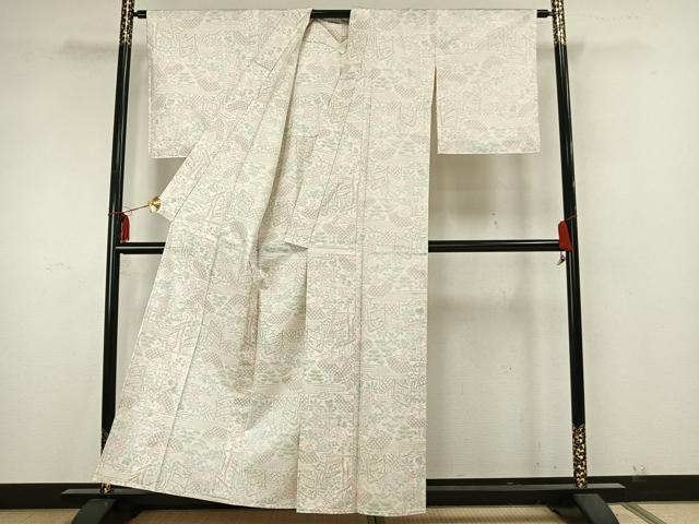 平和屋着物▽本場大島紬 単衣 白大島 扇面風景花文 正絹 逸品 AAAZ9557fy
