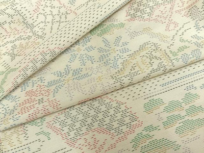 平和屋着物▽本場大島紬 単衣 白大島 扇面風景花文 正絹 逸品 AAAZ9557fy
