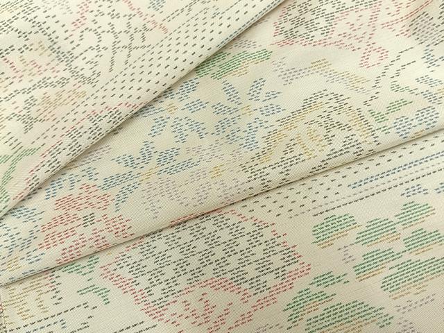 平和屋着物▽本場大島紬 単衣 白大島 扇面風景花文 正絹 逸品 AAAZ9557fy