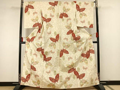 平和屋着物▽上質な紬 単衣 舞蝶文 正絹 逸品 AAAZ9558fy