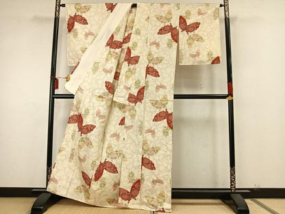 平和屋着物▽上質な紬 単衣 舞蝶文 正絹 逸品 AAAZ9558fy