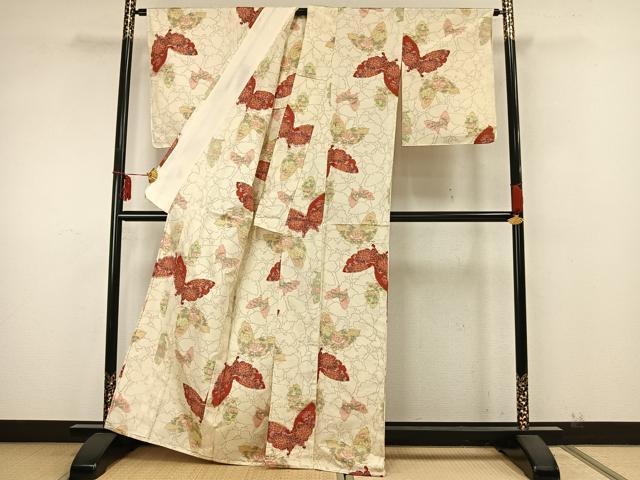 平和屋着物▽上質な紬 単衣 舞蝶文 正絹 逸品 AAAZ9558fy