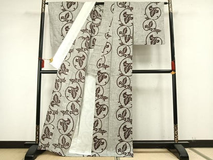 平和屋着物▽上質な紬 単衣 唐草文 正絹 逸品 AAAZ9561fy