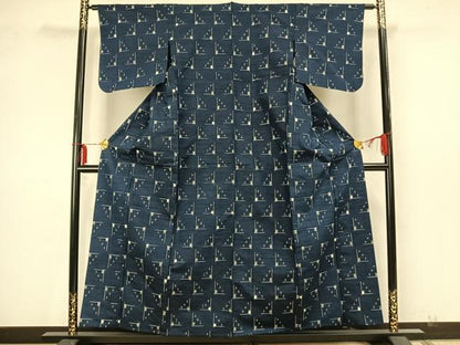 平和屋着物▽上質な紬 単衣 幾何学文様 正絹 逸品 未使用 AAAZ9563fy