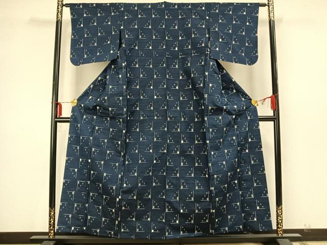 平和屋着物▽上質な紬 単衣 幾何学文様 正絹 逸品 未使用 AAAZ9563fy
