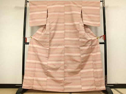 平和屋着物▽上質な紬　単衣　横段文　正絹　逸品　AAAZ9565fy