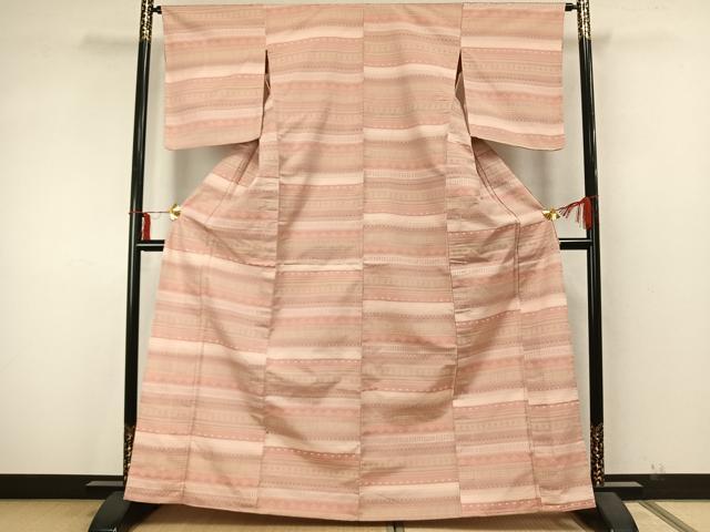 平和屋着物▽上質な紬　単衣　横段文　正絹　逸品　AAAZ9565fy