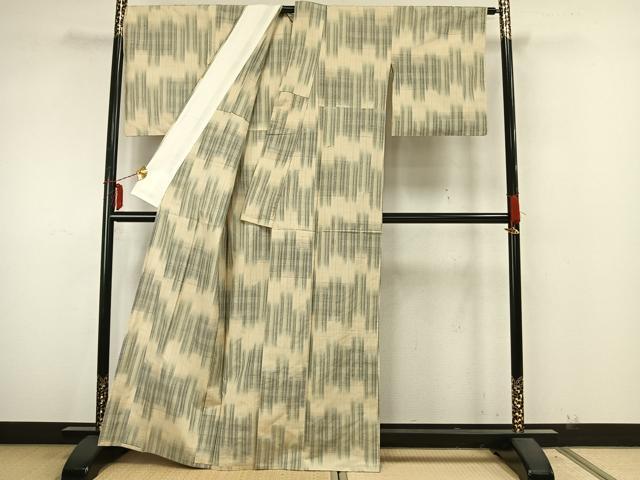 平和屋着物▽上質な紬　単衣　幾何学文様　正絹　逸品　AAAZ9574fy