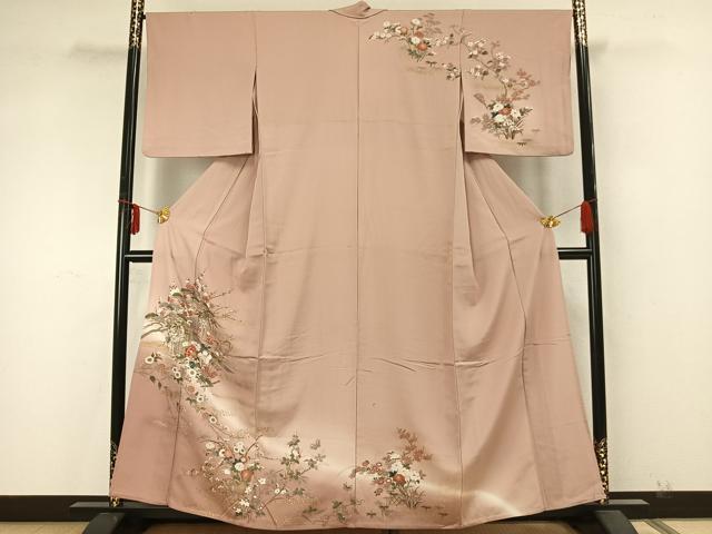 平和屋着物▽訪問着 単衣 草花文 暈し染め 金銀彩 正絹 逸品 AAAZ9583fy
