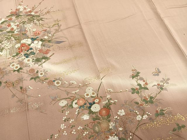 平和屋着物▽訪問着 単衣 草花文 暈し染め 金銀彩 正絹 逸品 AAAZ9583fy