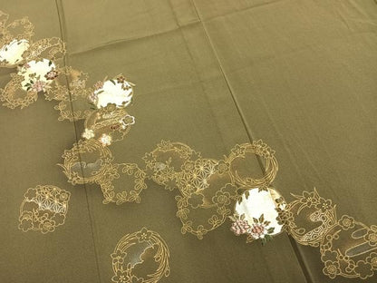 平和屋着物▽訪問着 単衣 刺繍 草花丸文 金銀彩 正絹 逸品 AAAZ9586fy