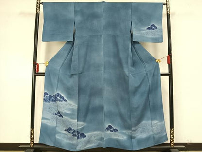 平和屋着物▽訪問着 単衣 絞り 藍 風景文 暈し染め 正絹 逸品 AAAZ9592fy