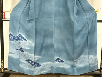 平和屋着物▽訪問着 単衣 絞り 藍 風景文 暈し染め 正絹 逸品 AAAZ9592fy
