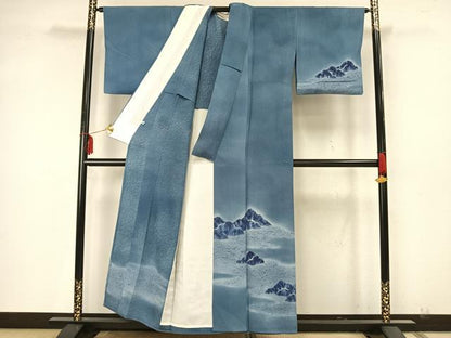 平和屋着物▽訪問着 単衣 絞り 藍 風景文 暈し染め 正絹 逸品 AAAZ9592fy
