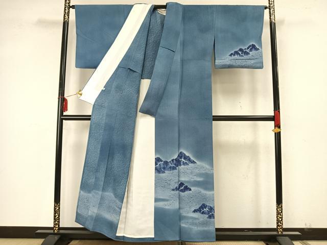 平和屋着物▽訪問着 単衣 絞り 藍 風景文 暈し染め 正絹 逸品 AAAZ9592fy