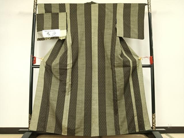 平和屋着物▽伝統工芸士 馬渕登作 紬 単衣 十字絣間道 反端付き 正絹 逸品 AAAZ9593fy