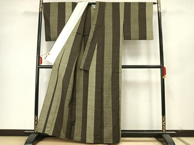 平和屋着物▽伝統工芸士 馬渕登作 紬 単衣 十字絣間道 反端付き 正絹 逸品 AAAZ9593fy