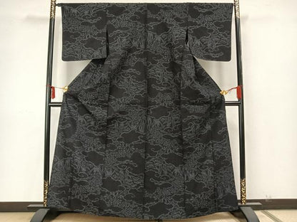 平和屋着物▽結城紬 単衣 花唐草文 正絹 逸品 AAAZ9596fy