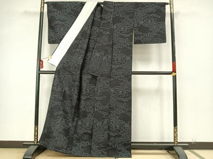 平和屋着物▽結城紬 単衣 花唐草文 正絹 逸品 AAAZ9596fy