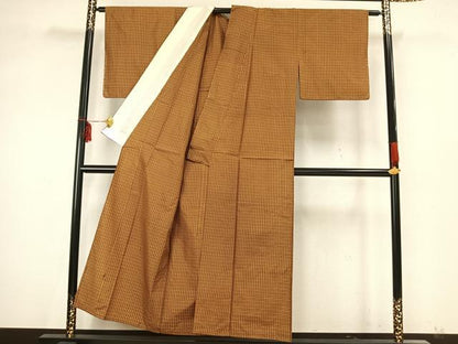 平和屋着物▽本場黄八丈 平織 紬 単衣 格子 正絹 逸品 AAAZ9622fy
