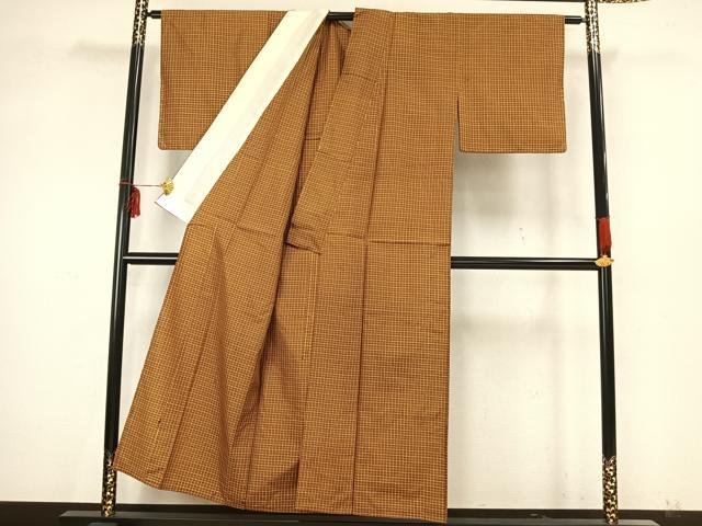 平和屋着物▽本場黄八丈 平織 紬 単衣 格子 正絹 逸品 AAAZ9622fy