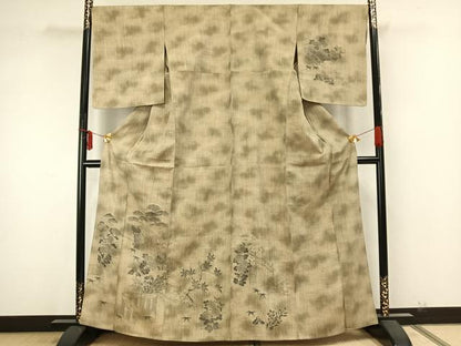 平和屋着物▽訪問着　単衣　紬地　風景草花文　正絹　逸品　AAAZ9625fy